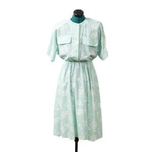 Vintage 80s 90s Light Blue Floral Dress Short Sleeve Size 14